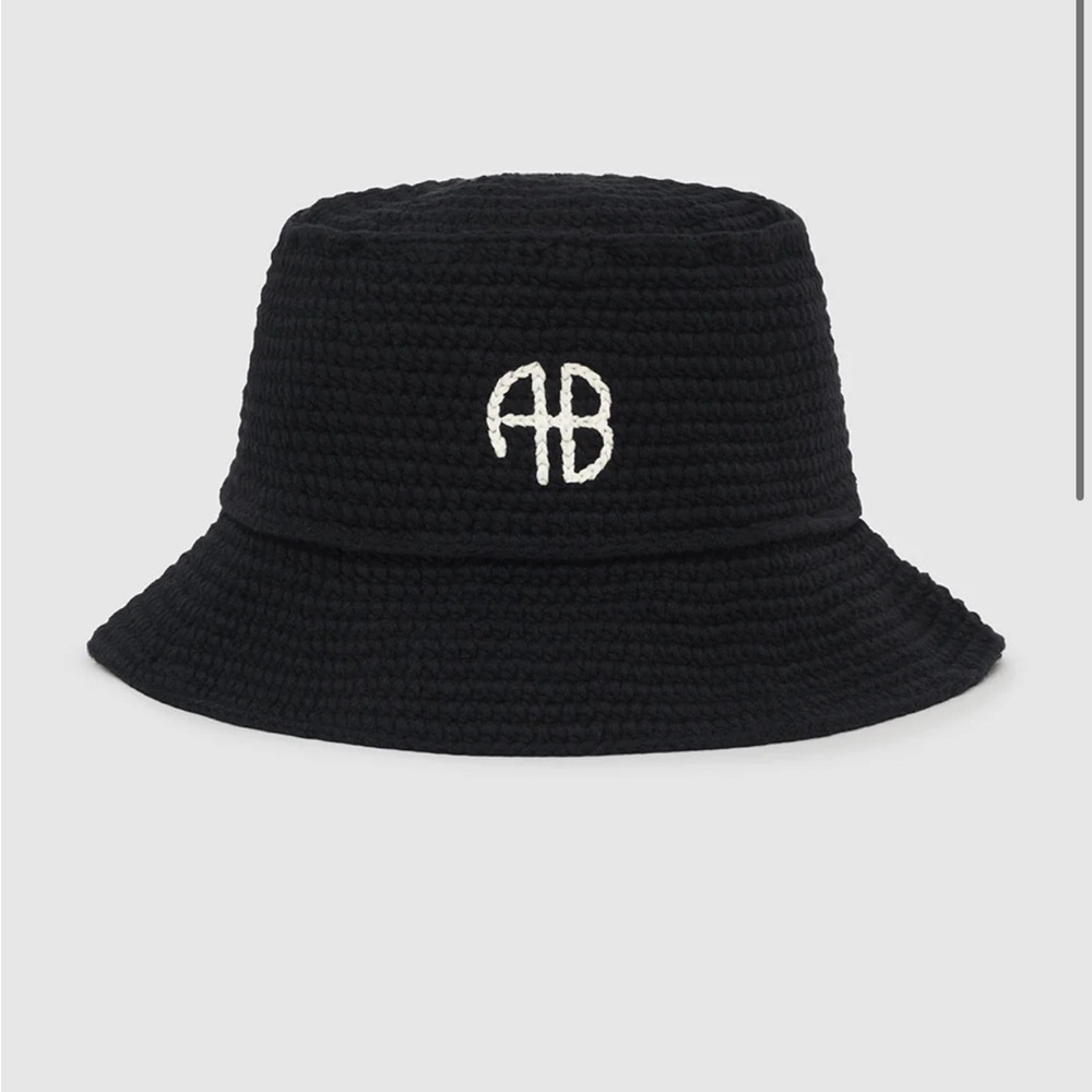 Anine Bing Black Crochet Bucket Hat with White AB Logo